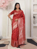 Red Lichi Silk Saree With Blouse Piece - EZBER