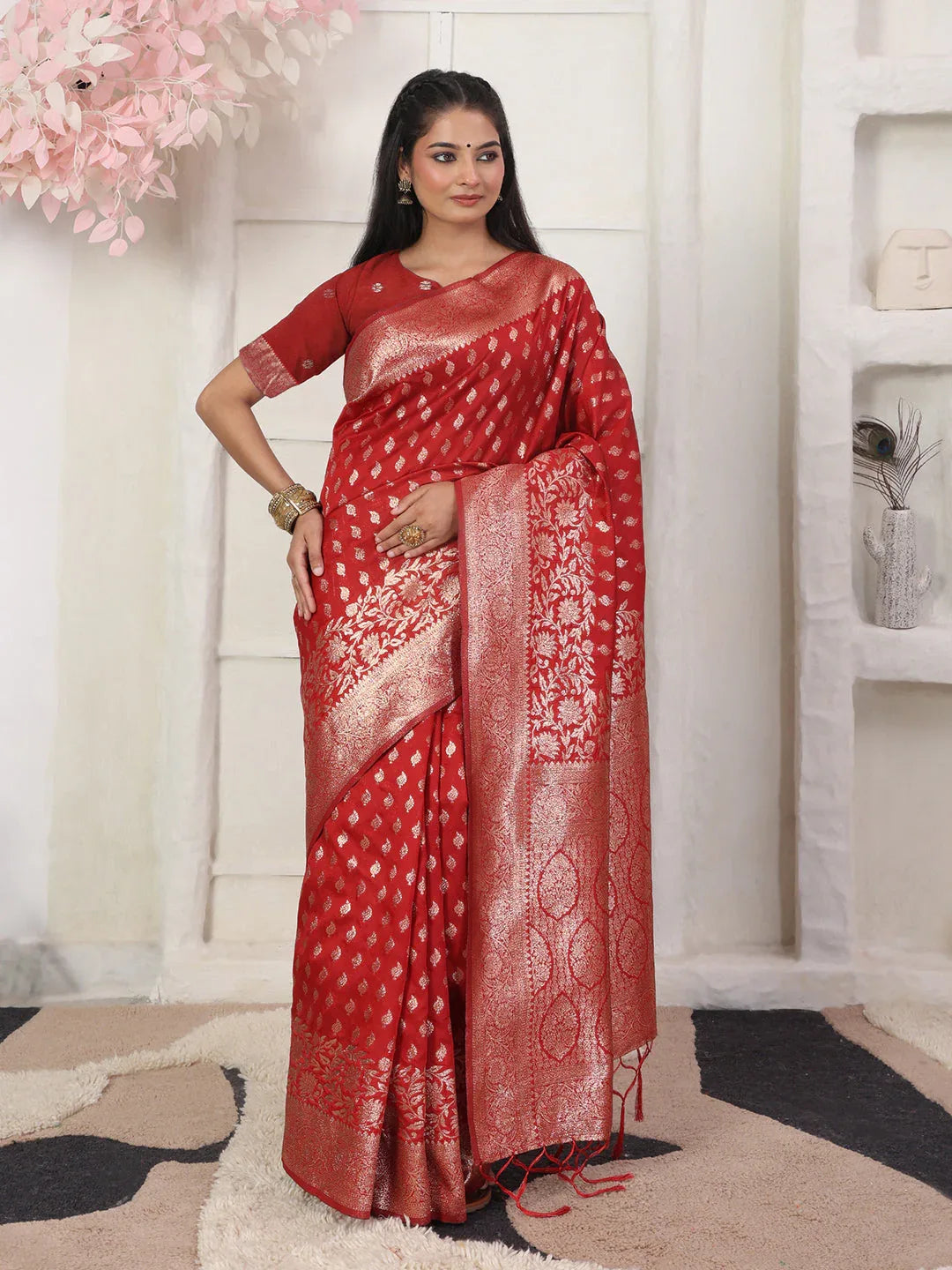 Red Lichi Silk Saree With Blouse Piece - EZBER