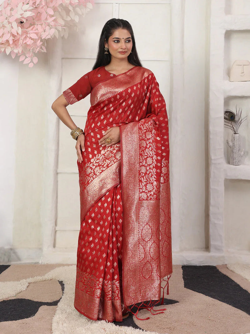Red Lichi Silk Saree With Blouse Piece - EZBER