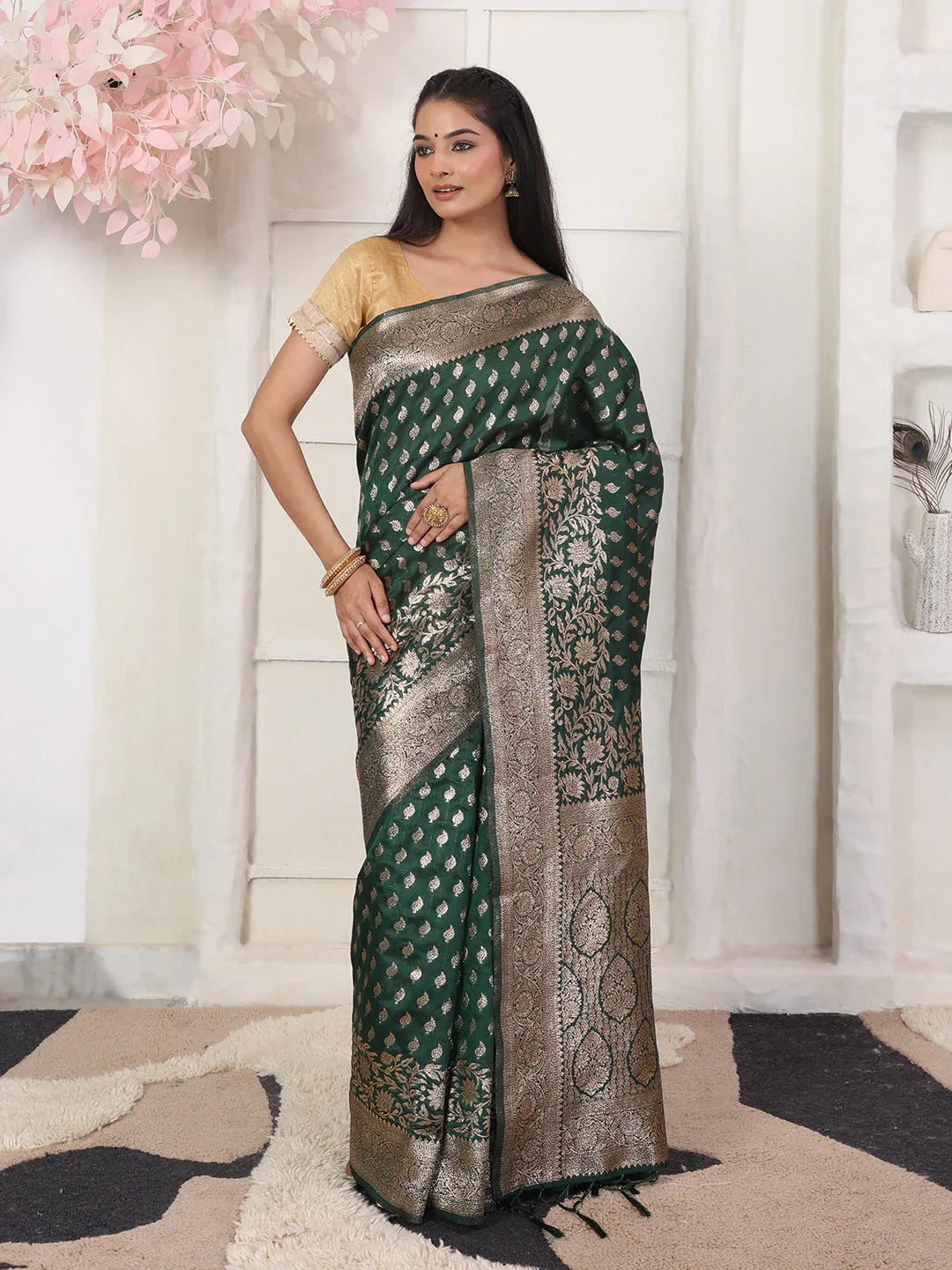 Green Lichi Silk Saree With Blouse Piece - EZBER