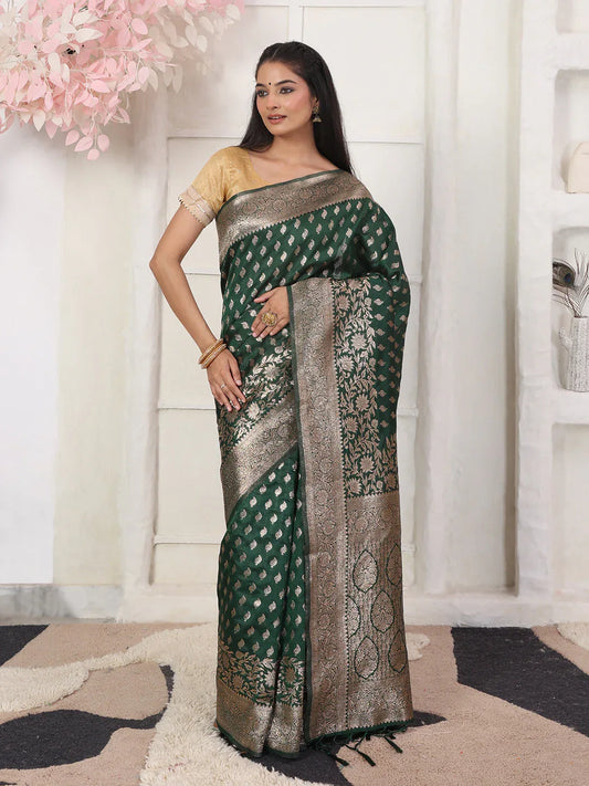 Green Lichi Silk Saree With Blouse Piece - EZBER