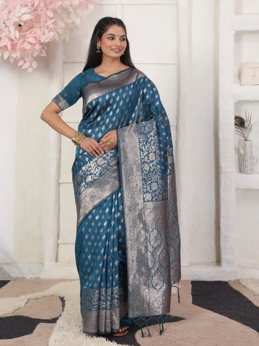 Blue Lichi Silk Saree With Blouse Piece - EZBER