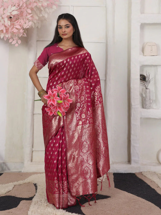 Light Pink Lichi Silk Saree With Blouse Piece - EZBER