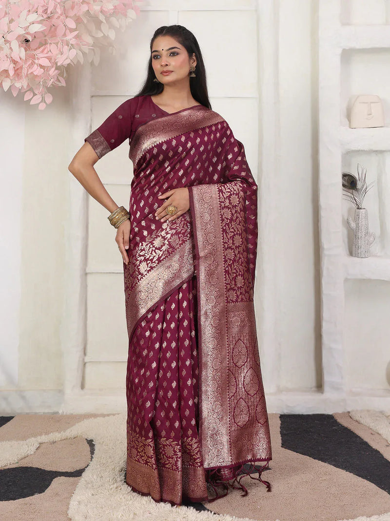 Wine Lichi Silk Saree With Blouse Piece - EZBER