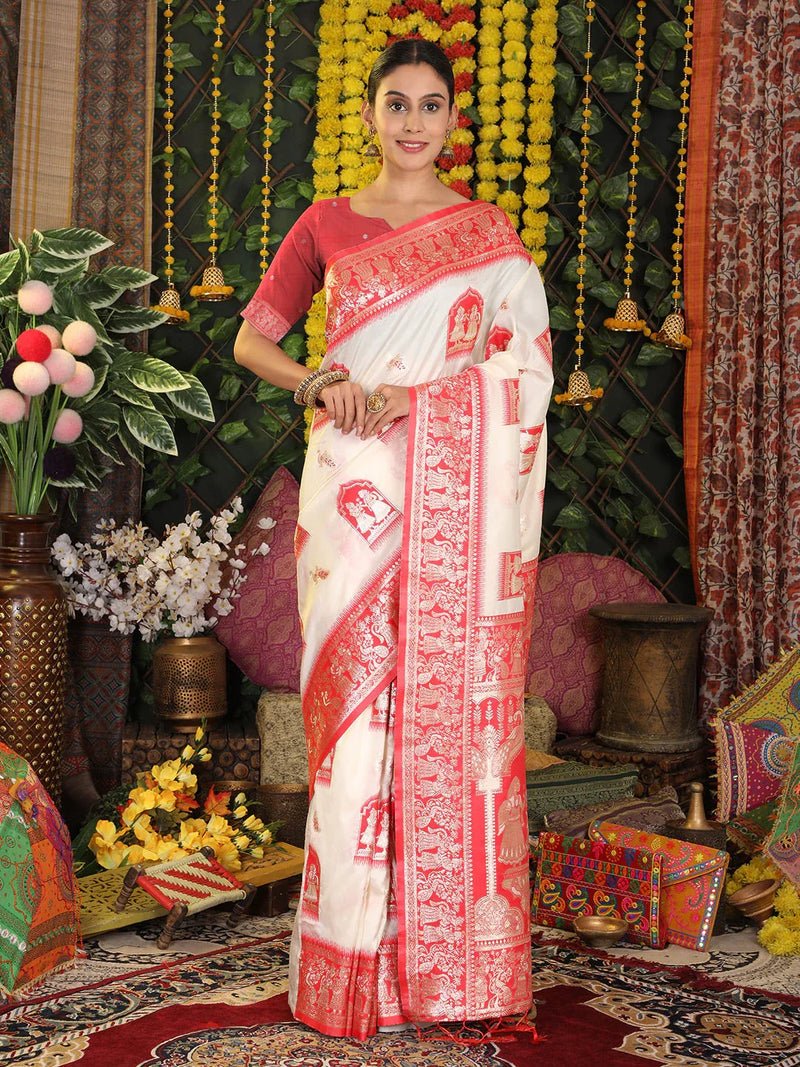 White Silk Saree With Blouse Piece - EZBER