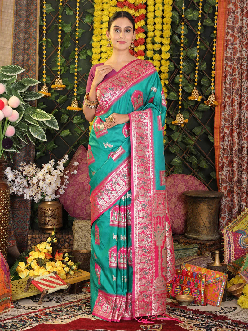 Sea Green Silk Saree With Blouse Piece - EZBER