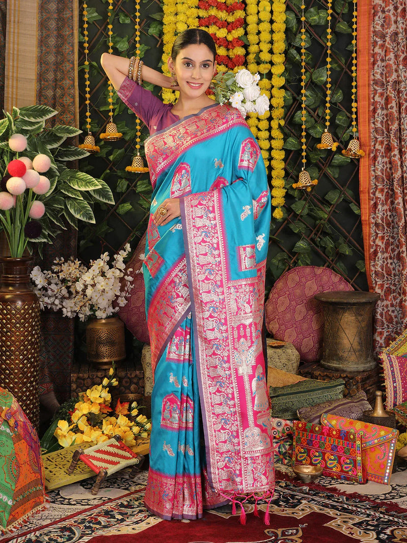 Sky Blue Silk Saree With Blouse Piece - EZBER