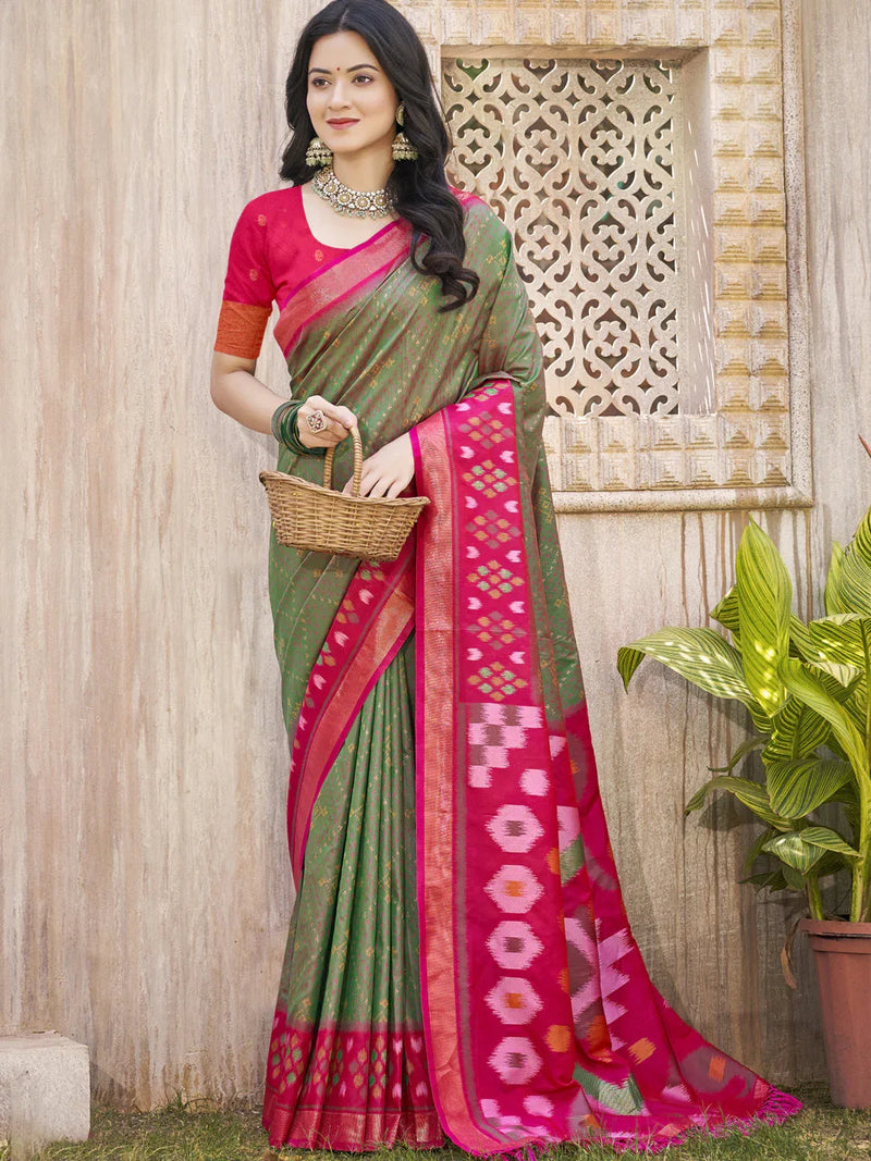 Mhendi Green Pochampalli Silk Saree With Blouse Piece - EZBER