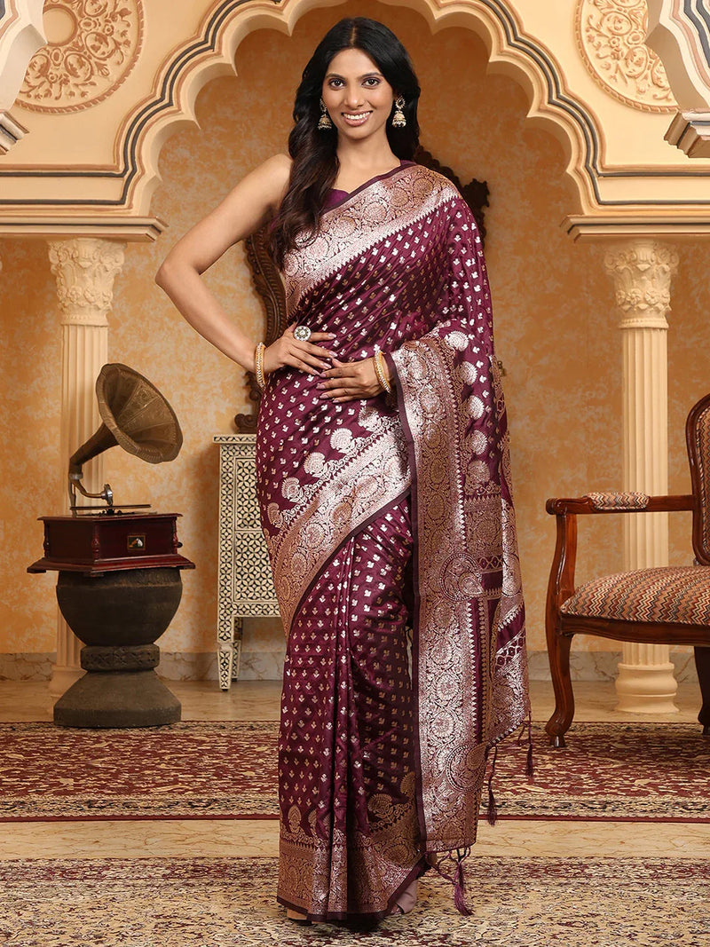 Purple Banarasi Silk Saree With Blouse Piece - EZBER