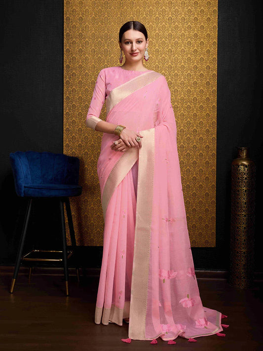 Pink Linen Festive Wear Saree With Blouse Piece - EZBER