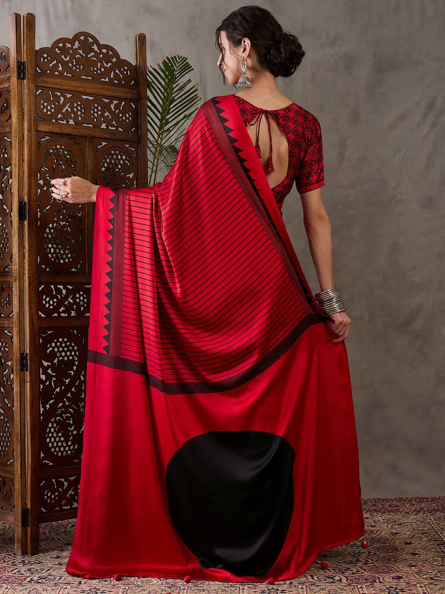 Red Semi Modal Saree With Blouse Piece - EZBER