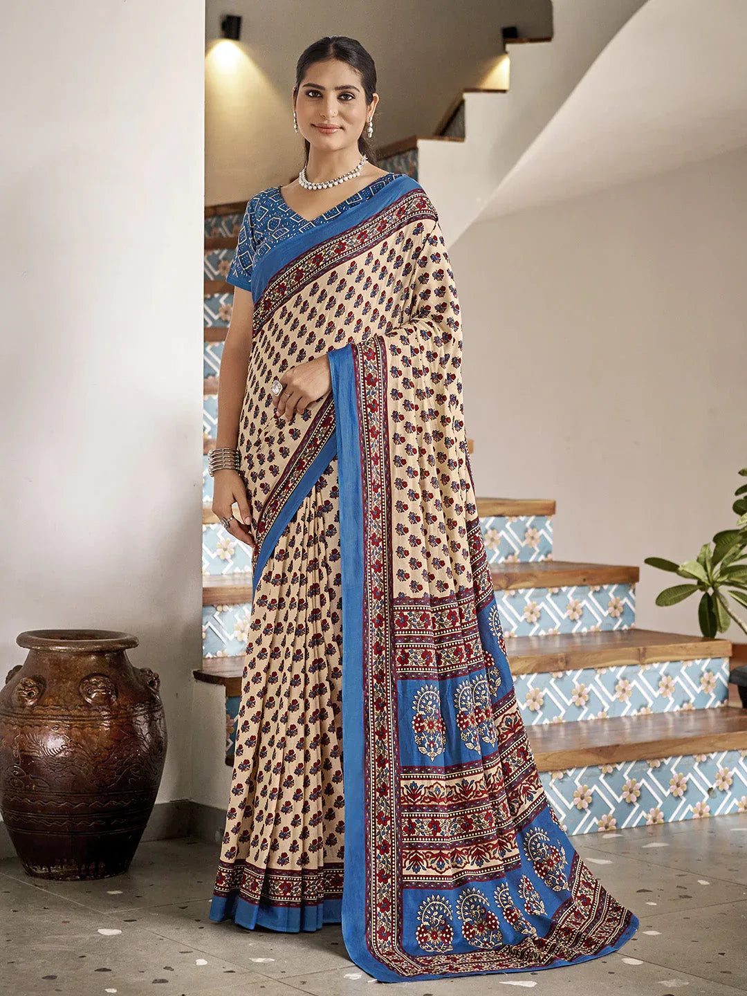 Cream Mulmul Cottons Saree With Blouse Piece - EZBER