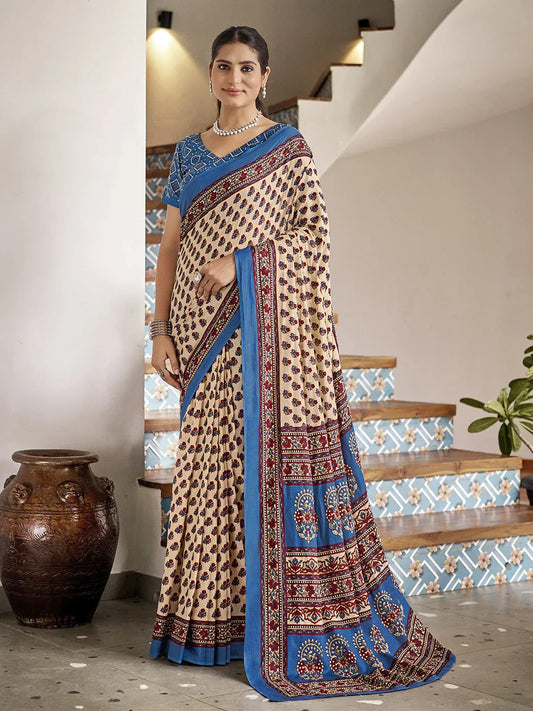 Cream Mulmul Cottons Saree With Blouse Piece - EZBER