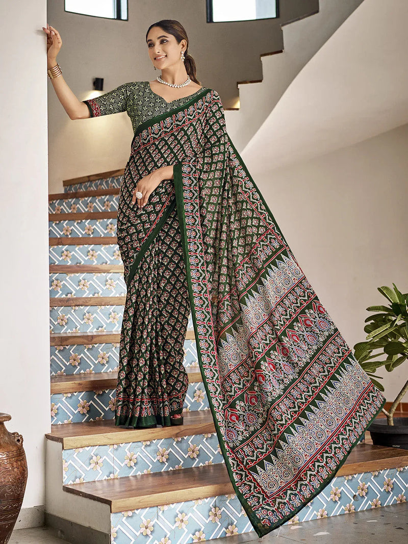 Multi Colour Mulmul Cottons Saree With Blouse Piece - EZBER