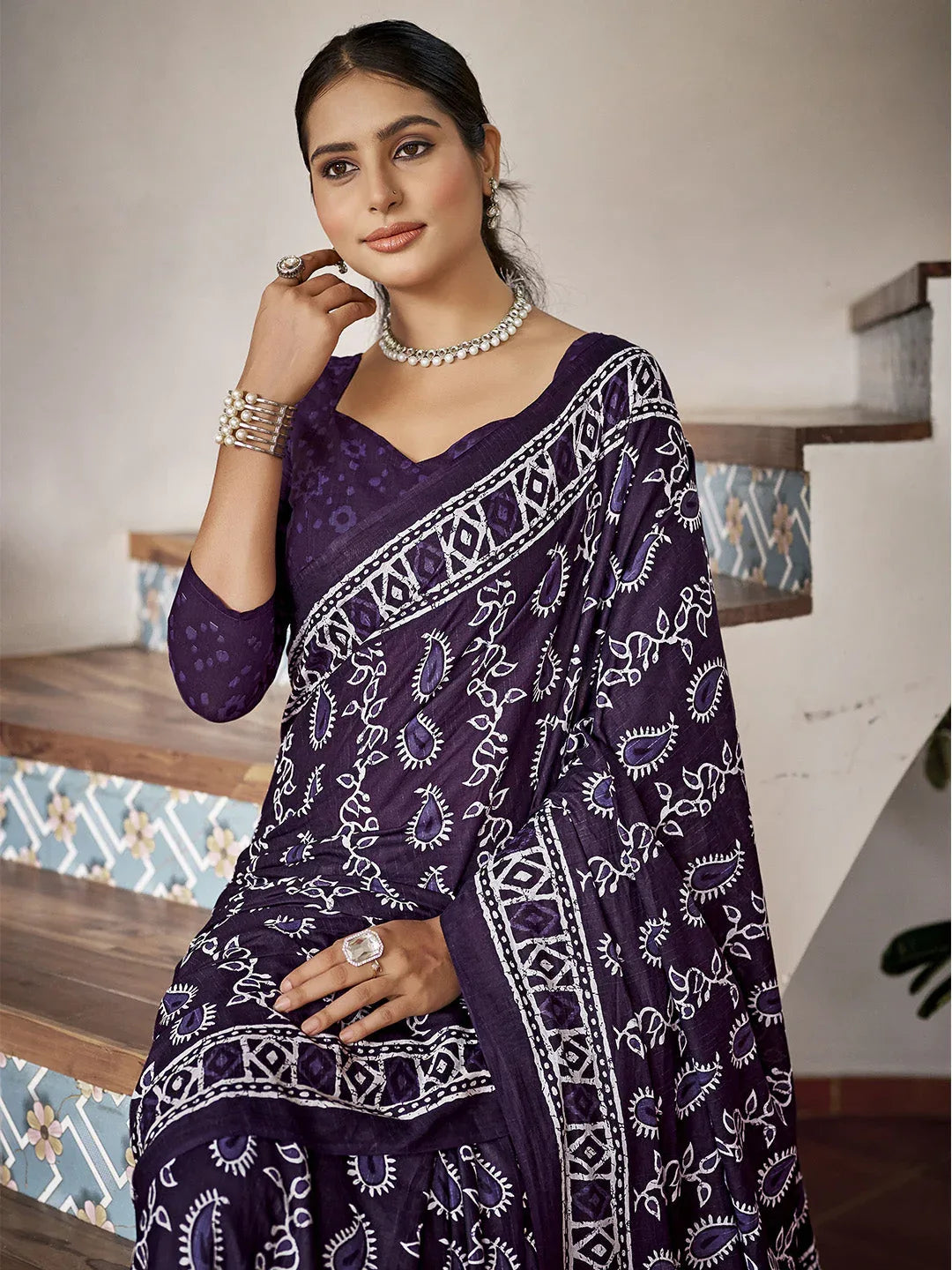 Blue Mulmul Cottons Saree With Blouse Piece - EZBER