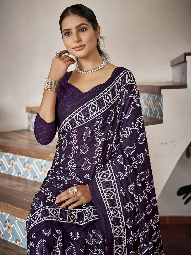Blue Mulmul Cottons Saree With Blouse Piece - EZBER