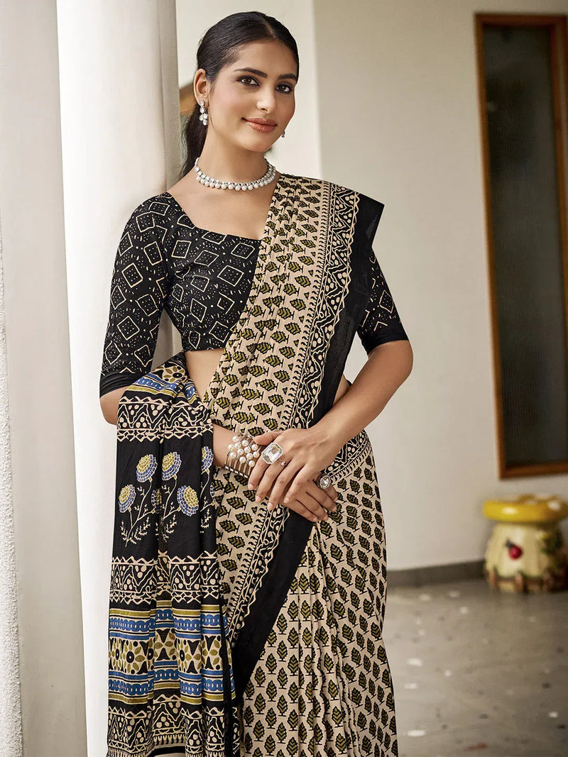 Cream Mulmul Cottons Saree With Blouse Piece - EZBER