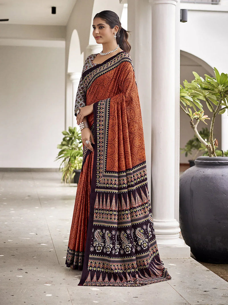 Orange Mulmul Cottons Saree With Blouse Piece - EZBER