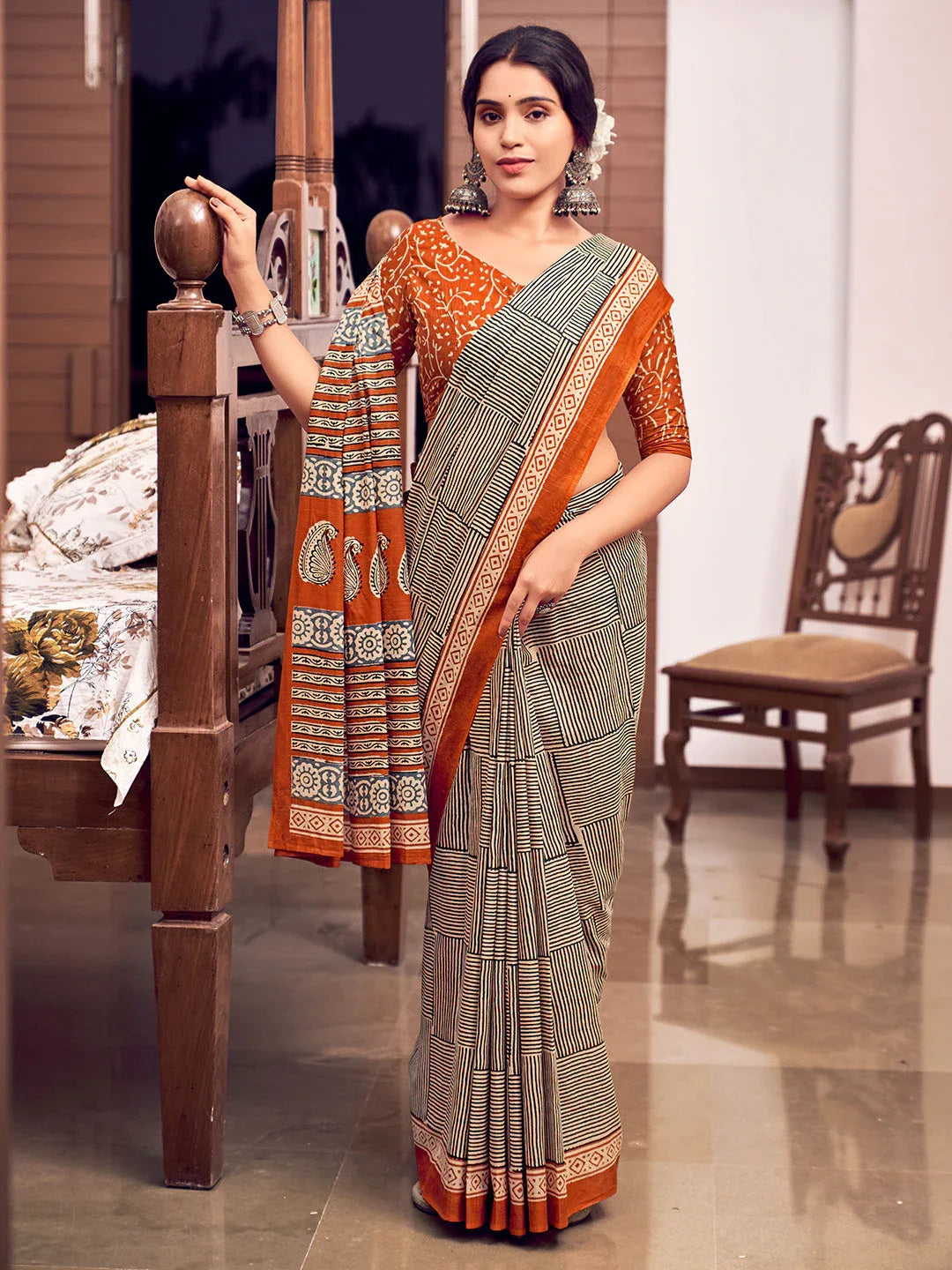 Orange And Black Mulmul Cottons Saree With Blouse Piece - EZBER