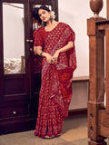 Red Mulmul Cottons Saree With Blouse Piece - EZBER