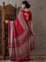 Semi Modal Red Ajrakh Print Saree  | EZB GF02 LUX 1003