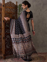 Semi Modal Black Ajrakh Print Saree  | EZB GF02 LUX 1004