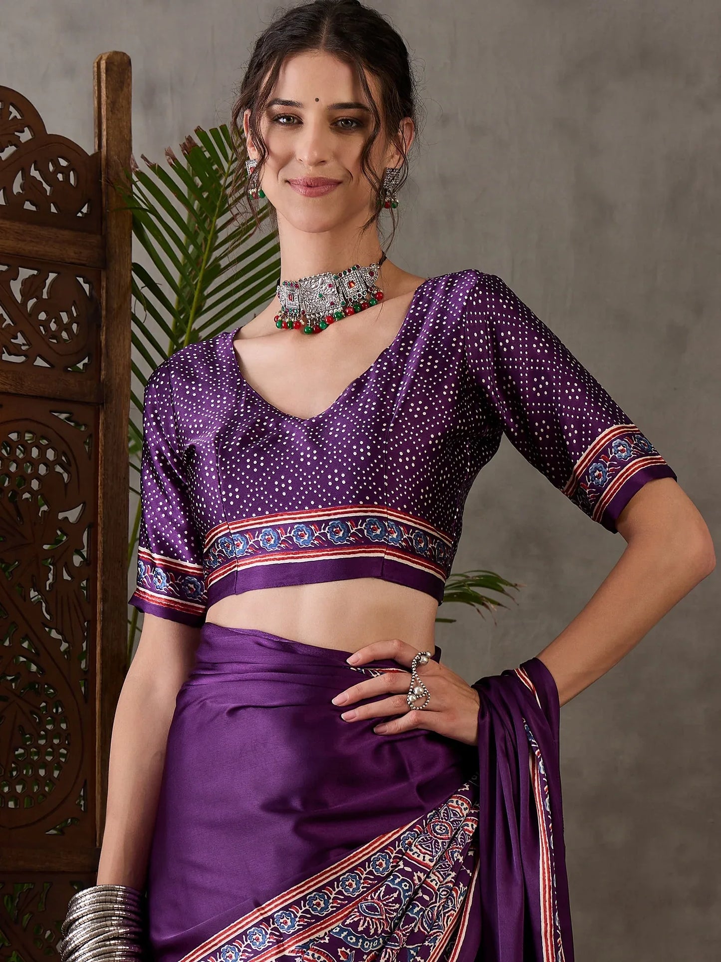 Purple Semi Modal Saree With Blouse Piece - EZBER
