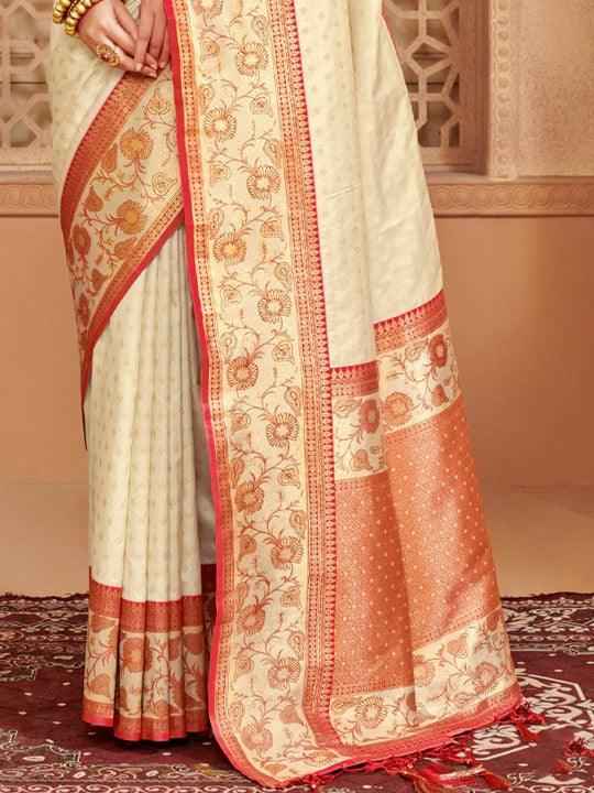 Cream Silk Brocade Saree | EZB SI04 BWAFR5016