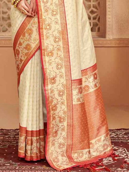 Cream Silk Brocade Saree | EZB SI04 BWAFR5016