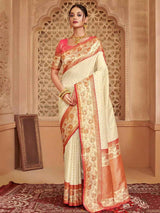 Cream Silk Brocade Saree | EZB SI04 BWAFR5016