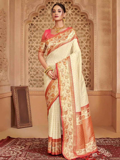 Cream Silk Brocade Saree | EZB SI04 BWAFR5016