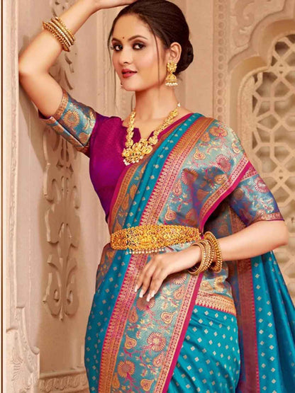 Blue Silk Brocade Saree | EZB SI04 BWAFR5017