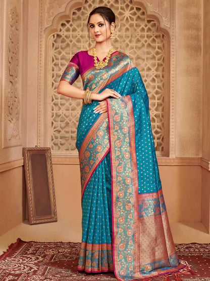 Blue Silk Brocade Saree | EZB SI04 BWAFR5017
