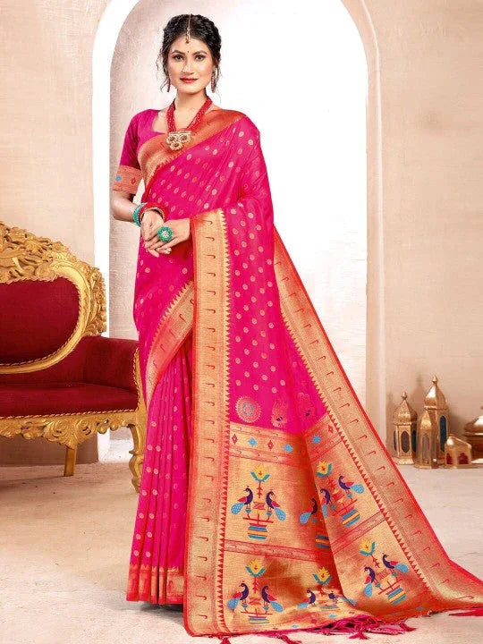 Magenta Paithani Silk Saree With Blouse Piece - EZBER