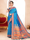Blue Paithani Silk Saree With Blouse Piece - EZBER