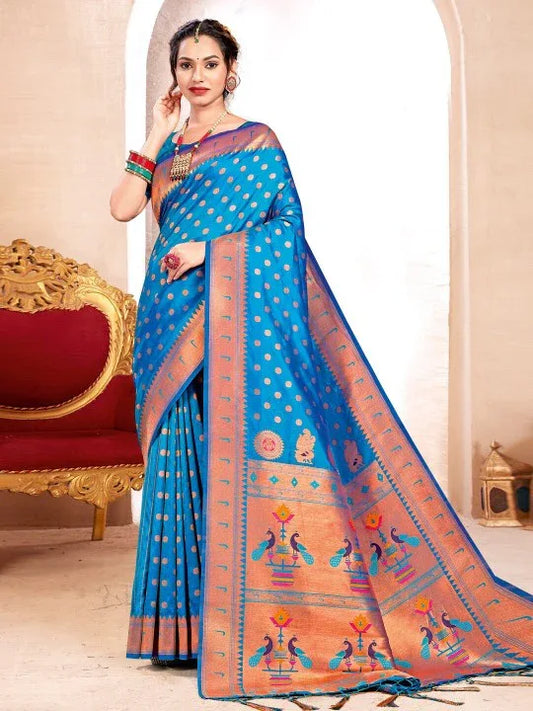 Blue Paithani Silk Saree With Blouse Piece - EZBER