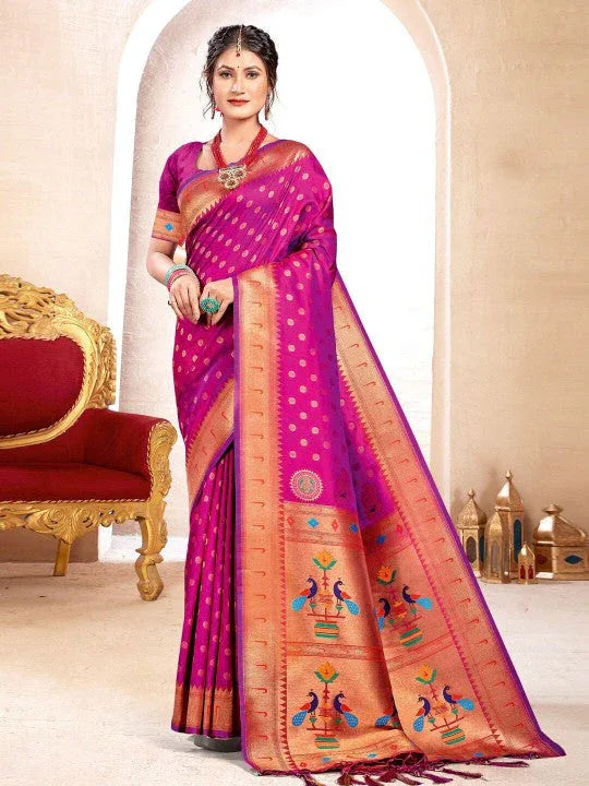 Purple Paithani Silk Saree With Blouse Piece - EZBER