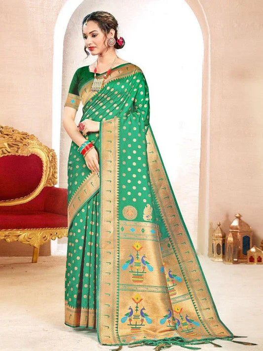Green Paithani Silk Saree With Blouse Piece - EZBER
