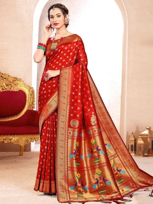 Red Paithani Silk Saree With Blouse Piece - EZBER