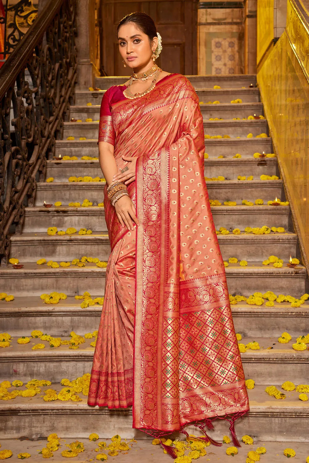 Peach Banarasi Silk Saree With Blouse Piece - EZBER