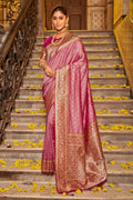 Light Pink Banarasi Silk Saree With Blouse Piece - EZBER