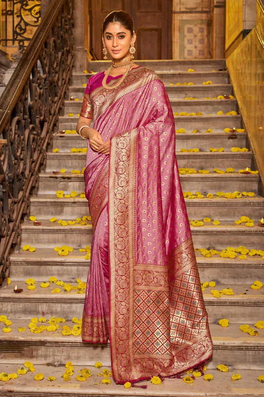 Light Pink Banarasi Silk Saree With Blouse Piece - EZBER