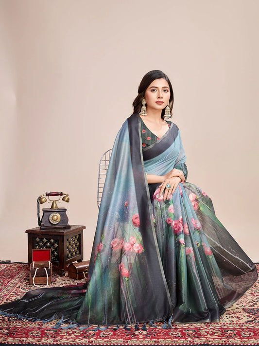 Sky Linen Blend Saree With Blouse Piece - EZBER