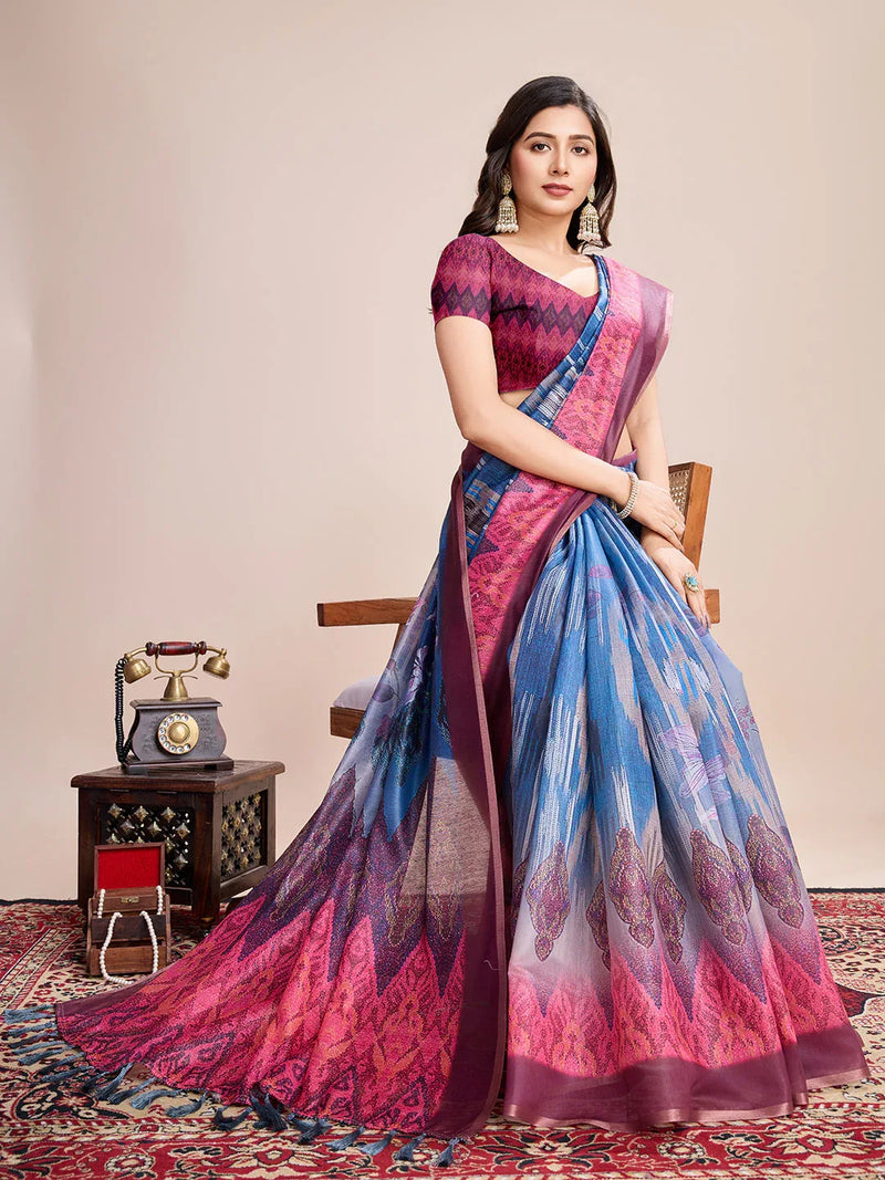 Blue Linen Blend Saree With Blouse Piece - EZBER