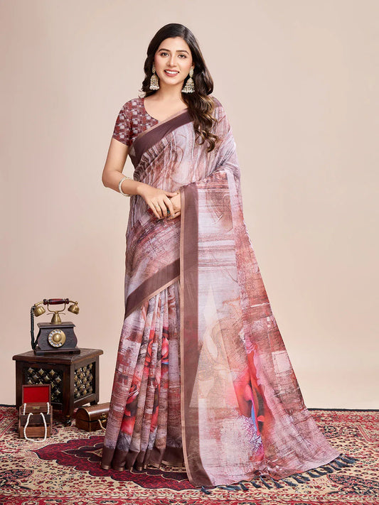 Cream Linen Blend Saree With Blouse Piece - EZBER