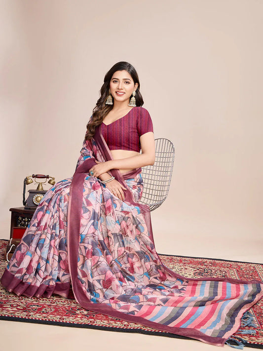 Multicolour Linen Blend Saree With Blouse Piece - EZBER