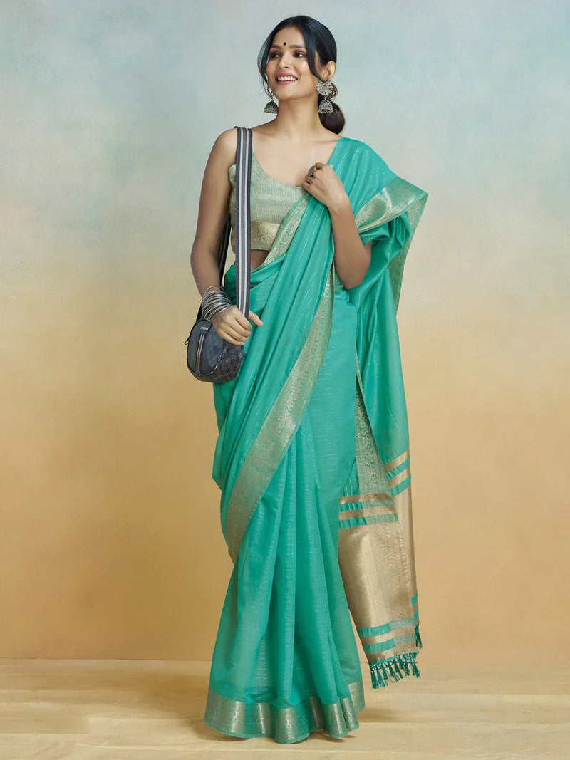 Blue Silk Festive Wear Saree With Blouse Piece - EZBER
