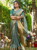 Firozi Tissue Saree With Blouse Piece - EZBER