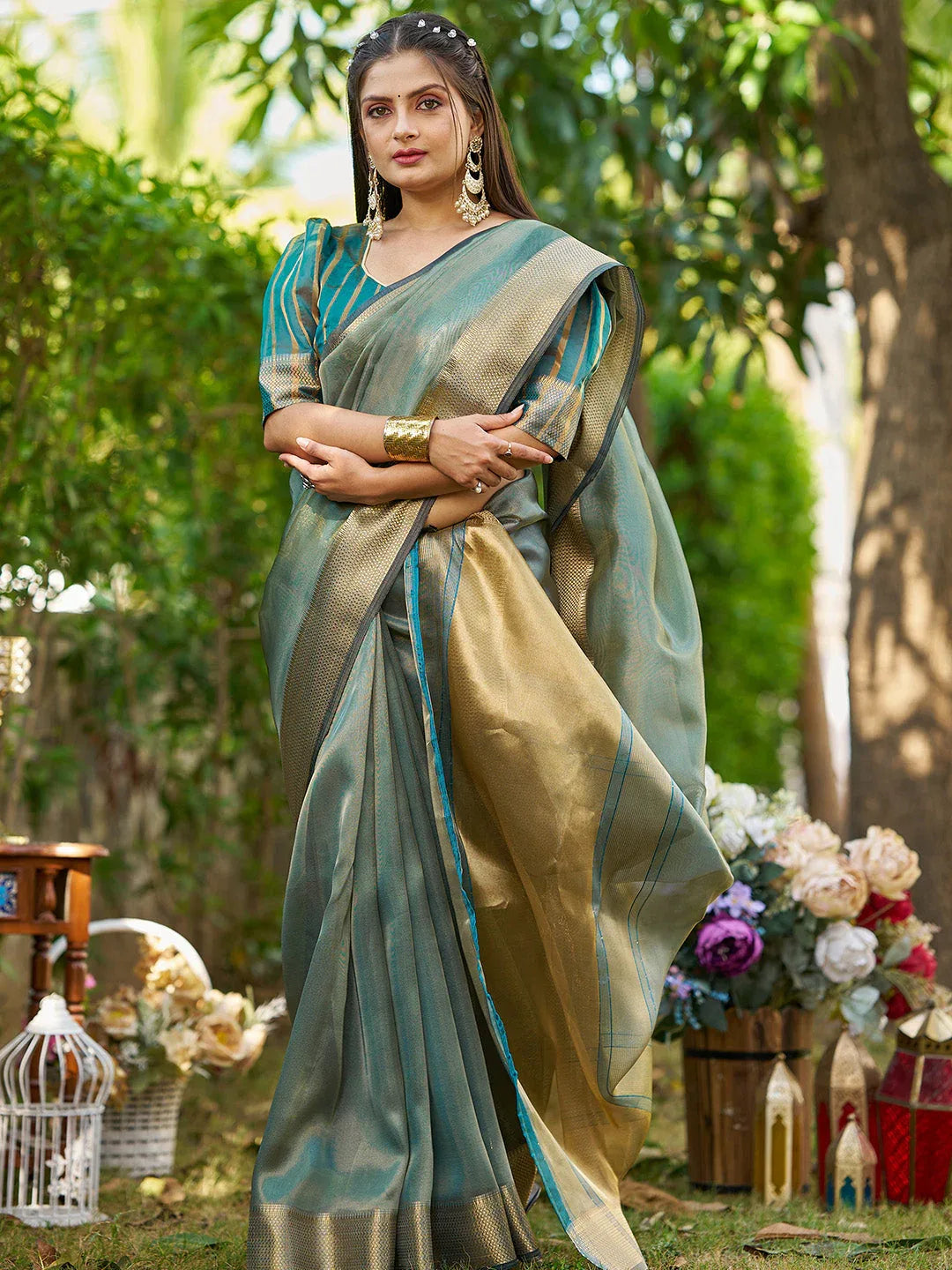 Firozi Tissue Saree With Blouse Piece - EZBER
