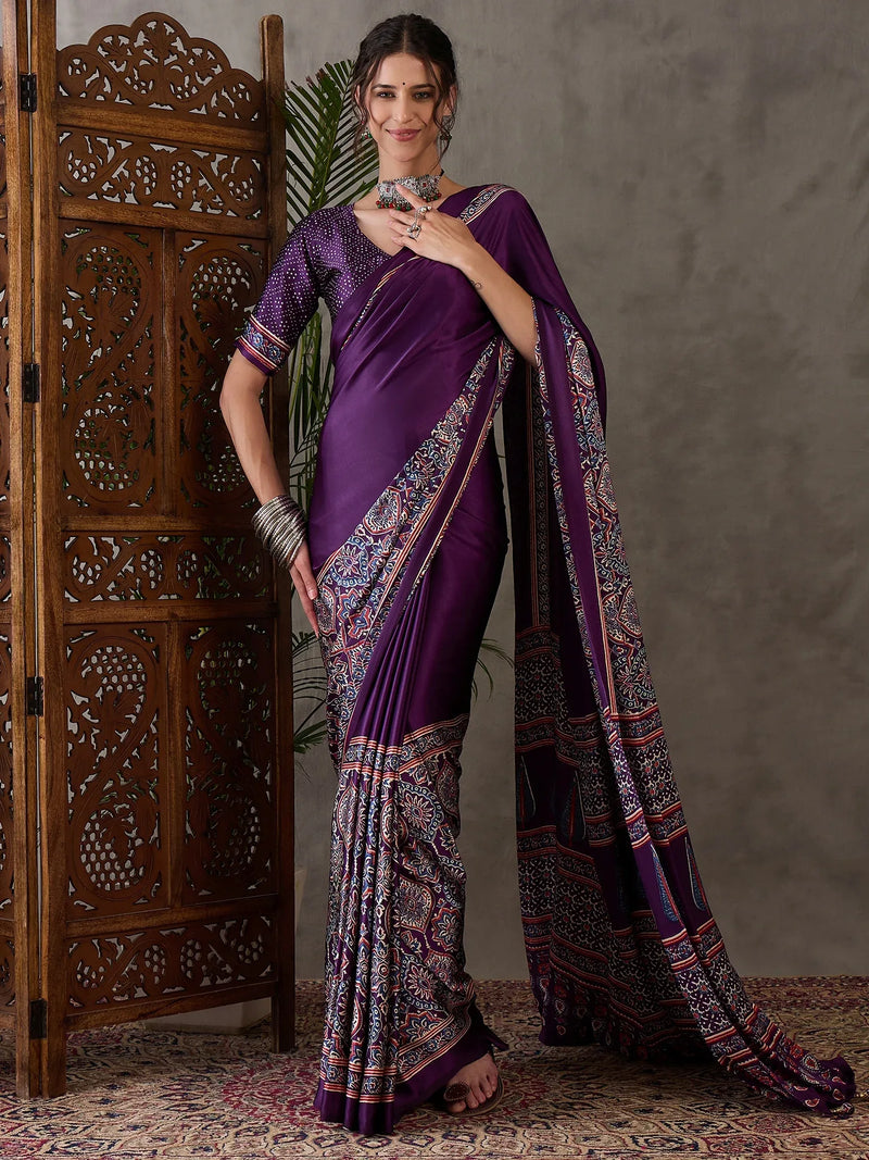 Purple Semi Modal Saree With Blouse Piece - EZBER